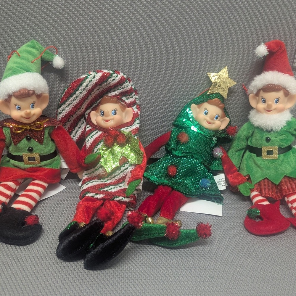 NWT Christmas Elf Ornaments Set of 4 Tree Candy Cane Festive Decor Jolly Holiday